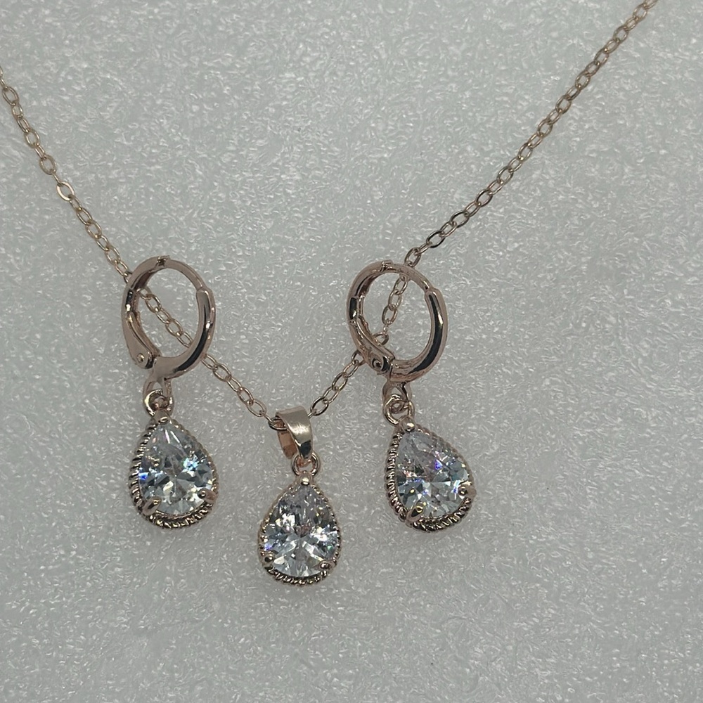 Elegant Rose Gold Teardrop Jewelry Set -Necklace & Earrings -Bridal,Wedding,Prom